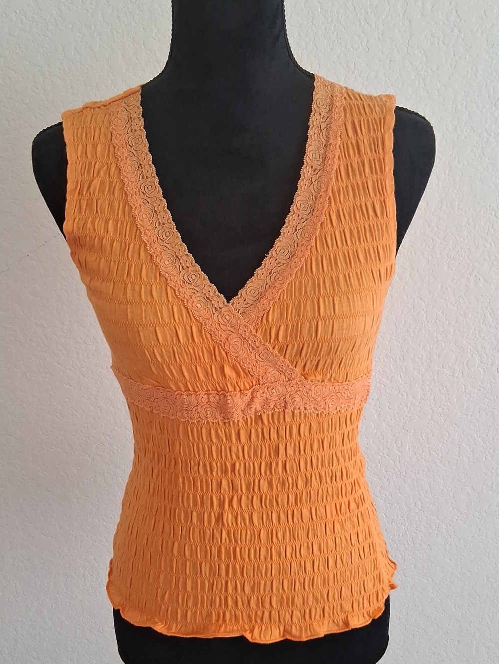My Michelle Orange Smocked Lace Trim V-Neck Tank Top